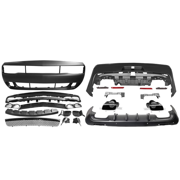 Ikon Motorsports Compatible with 2008-2014 Dodge Challenger 2015+ SRT Hellcat Style Rear Bumper Cover Conversion + Front Bumper Cover Conversion + IKON V2 Style Matte Black Rear Bumper Diffuser PP