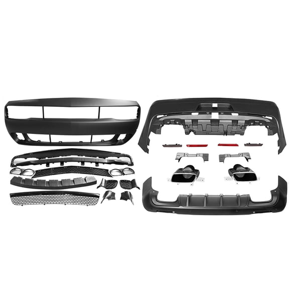 Ikon Motorsports Compatible with 2008-2014 Dodge Challenger 2015+ SRT Hellcat Style Rear Bumper Cover Conversion + Front Bumper Cover Conversion + IKON V3 Style Matte Black Rear Bumper Diffuser PP