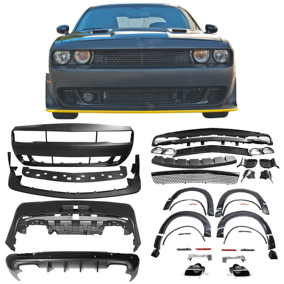 Ikon Motorsports Compatible with 2008-2014 Dodge Challenger 2015+ SRT Hellcat Style Rear Bumper Cover + Front Bumper Cover + IKON V1 Matte Black Rear Diffuser + Demon Front Lip + Demon Fender Flare PP