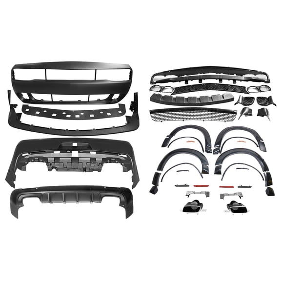 Ikon Motorsports Compatible with 2008-2014 Dodge Challenger 2015+ SRT Hellcat Style Rear Bumper Cover + Front Bumper Cover + IKON V3 Matte Black Rear Diffuser + Demon Front Lip + Demon Fender Flare PP