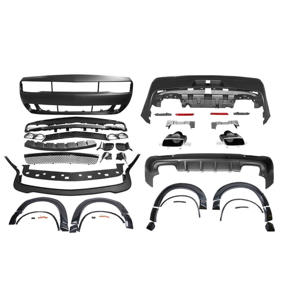 Ikon Motorsports Compatible with 2008-2014 Dodge Challenger 2015+ SRT Hellcat Style Rear Bumper Cover + Front Bumper Cover + IKON V3 Style Matte Black Rear Diffuser + Hellcat Lip & Fender Flares PP