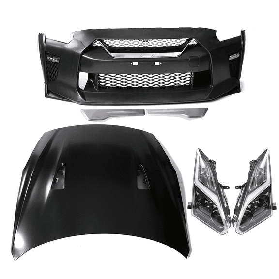 Ikon Motorsports Compatible with 09-24 Nissan R35 GTR GT-R Coupe Front Bumper & Hood Cover & LED Headlights