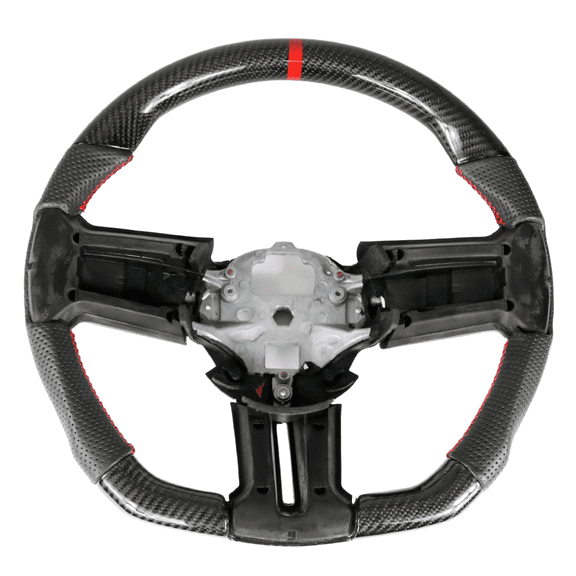 Ikon Motorsports Compatible with 10 - 14 Ford Mustang CF and Leather Steering Wheel with Red Stitching and Indicator