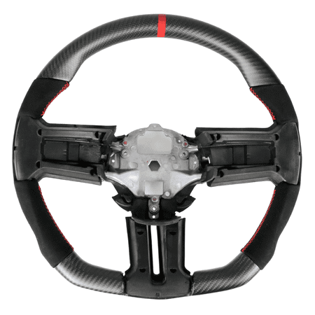 Ikon Motorsports Compatible with 10-14 Ford Mustang Matte CF+Alcantara Steering Wheel W/Red Stitch+Indicator