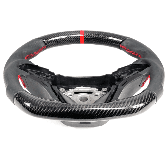 Ikon Motorsports Compatible with 12-15 Chevy Camaro Carbon CF & Perforated Leather Steering Wheel With Red Stitching & Indicator