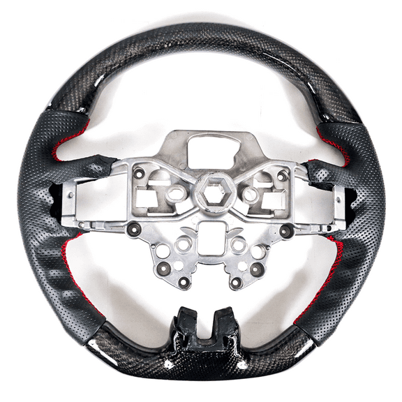 Ikon Motorsports Steering Wheel Compatible with 2018-2023 Ford Mustang Carbon Fiber W/ Leather Black Red Stitching