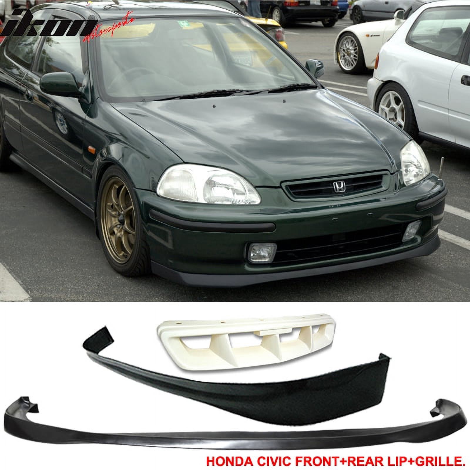 Ikon Motorsports Compatible with 96-98 Honda Civic Hatchback SIR Front +  Rear Bumper Lip + MU Hood Grill