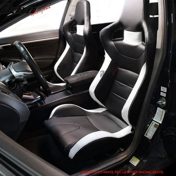 Ikon Motorsports Compatible with Pair Reclinable Sport Racing Seats PVC Leather Black White & Slider
