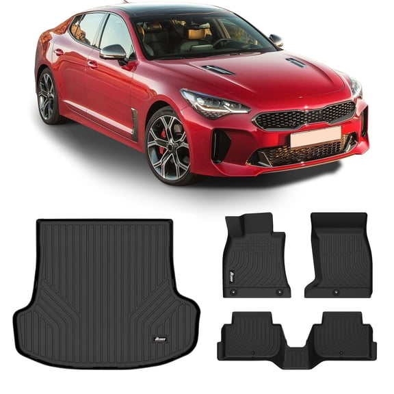 Ikon Motorsports Floor Mats + Trunk Mat Compatible With 2018-2023 Kia Stinger AWD, Black Car Auto TPE 3D Molded Carpets Liner Front Rear Row All Weather 4PC Set Protector