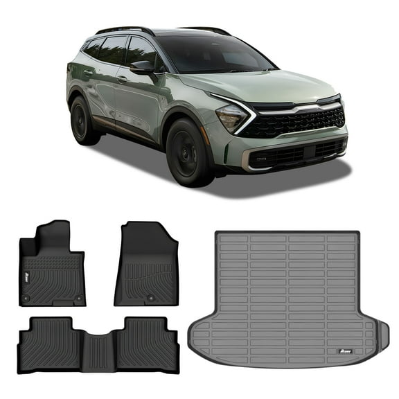 Ikon Motorsports Floor Mats + Trunk Mat Compatible With 2023-2024 Kia Sportage Non-Hybrid, Black 3D Molded Carpets Liner 1st 2nd Row Protection Pad TPE Thermo Plastic Elastomer All Weather Protector