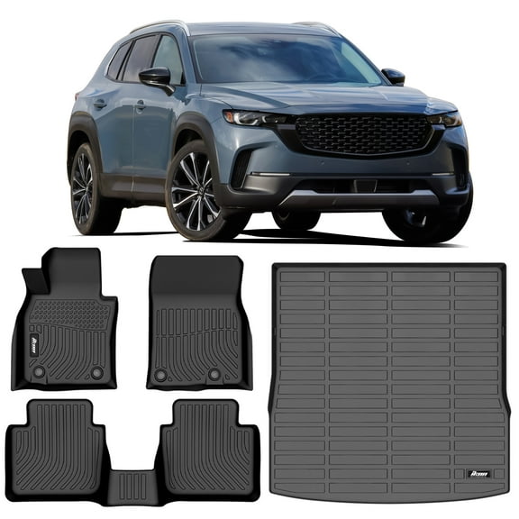 Ikon Motorsports Floor Mats & Trunk Mat Compatible With 2023-2024 Mazda CX-50, 3D Molded Custom Carpets Front Rear Protection Pad Black TPE Thermo Plastic Elastomer All Weather Liner Protector Cover