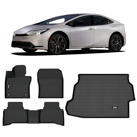 Ikon Motorsports Floor Mats & Trunk Mat Compatible With 2023-2025 Toyota Prius, Black 3D Molded Carpets Liner 1st 2nd Row Front Rear Pad 4PC TPE Thermo Plastic Elastomer All Weather Protector