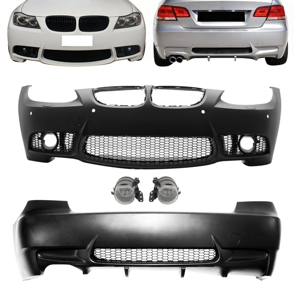 Ikon Motorsports Fog Lamps & Front & Rear Bumper Cover Conversion Replacement For 2007-2010 BMW E92 E93 3 Series, M3 Style Unpainted PP Polypropylene