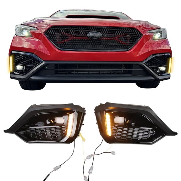 Ikon Motorsports Fog Light Cover Fits2022-2025 Subaru WRX VB OE Style Black PP Fog Lamp Decoration Bezel W/LED Yellow Turn Signal + White DRL, 1 Pair