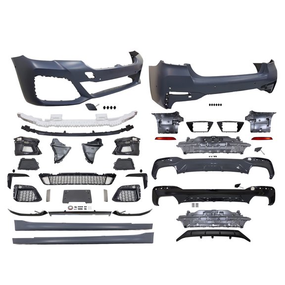Ikon Motorsports Front Bumper Cover with 3PC Lip + Rear Bumper Cover with Diffuser + Side Skirts Compatible With 2021-2023 BMW G30 M Sport, M550 Style Unpainted Bumper M Performance Diffuser Lip