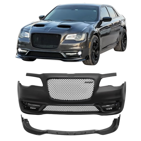 Ikon MotorsportsFront Bumper Cover, Compatible with2015-2023 Chrysler 300, SRT Style Unpainted Black PP Replacement Conversion Bodykit with DRL, Fog Lights, Gloss Black Upper/Lower Grille and Lip