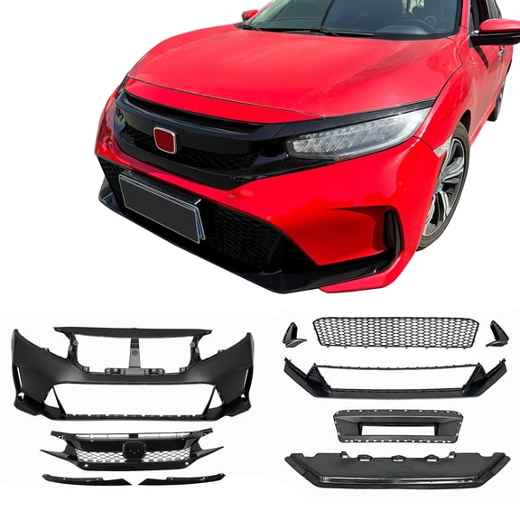 Ikon MotorsportsFront Bumper Cover, Compatible with2016-2021 Honda Civic, Type R Style Unpainted Black PP Replacement Conversion Bodykit with Upper and Lower Grille