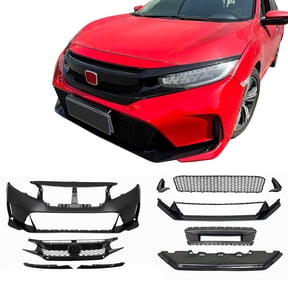 Ikon MotorsportsFront Bumper Cover, Compatible with2016-2021 Honda Civic, Type R Style Unpainted Black PP Replacement Conversion Bodykit with Upper and Lower Grille