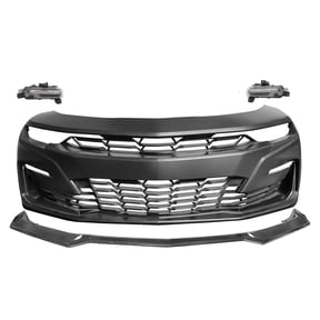 Ikon Motorsports Front Bumper Cover Compatible with2019-2024 Chevy Camaro RS/SS, SS Style Unpainted PP Bumper Conversion Replacement W/ Daytime Running Light DRL Turn Signal + Carbon Fiber Print Lip