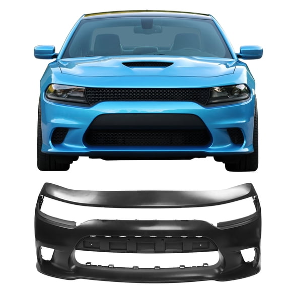 Ikon Motorsports Front Bumper Cover Conversion Replacement For 2015-2023 Dodge Charger, Unpainted Black PP SRT Hellcat Style 5PP39TZZAE CH1000A23
