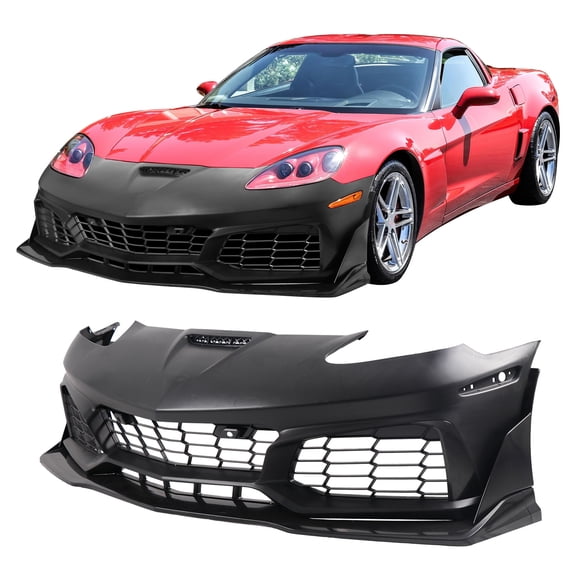 Ikon MotorsportsFront Bumper Cover with Grille/ Lip, Compatible with2006-2013 Chevy Corvette C6 427/Grand Sport/Z06/ZR1, C7 ZR1 Style Unpainted Black PP&ABS Replacement Bumper Conversion Bodykit