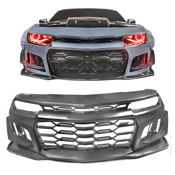 Ikon Motorsports Front Bumper Cover w/ Clear DRL Fog Lights Compatible with 2014-2015 Chevy Camaro 1LE Style Unpainted Front Bumper Conversion Body Kit PP