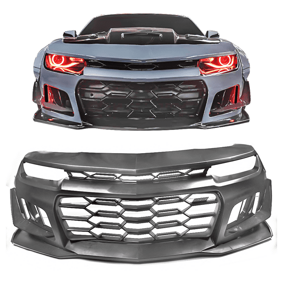 Ikon Motorsports Front Bumper Cover w/ Clear DRL Fog Lights Compatible with 2014-2015 Chevy Camaro 1LE Style Unpainted Front Bumper Conversion Body Kit PP