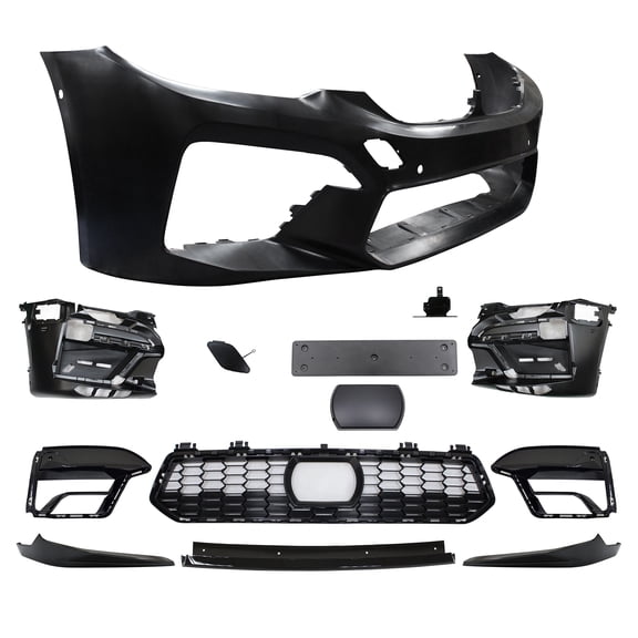 Ikon Motorsports Front Bumper Cover w/ Lip Compatible With 2017-2020 BMW G30 G31 5 Series, Unpainted CS Style Front Bumper Conversion With Sensor Holes Park Asst ACC Cover + 3PCS Air Dam Chin Spoiler