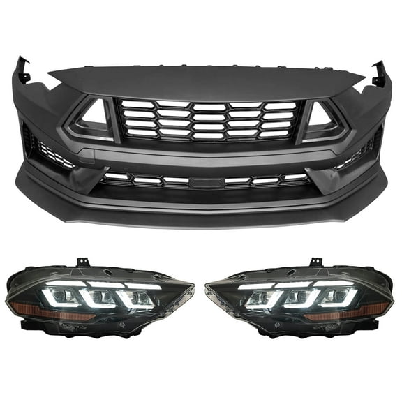 Ikon Motorsports Front Bumper Covers Compatible with2018-2023 Ford Mustang GT 2024+ Dark Horse Unpainted PP Replacement Bumper Conversion Bodykit With Switchback Headlights Lamp