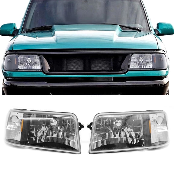 Ikon Motorsports Front Bumper Driving Headlights Head Lamps Assembly Replacement For 1993-1997 Ford Ranger Black Housing Clear Lens Amber Reflector