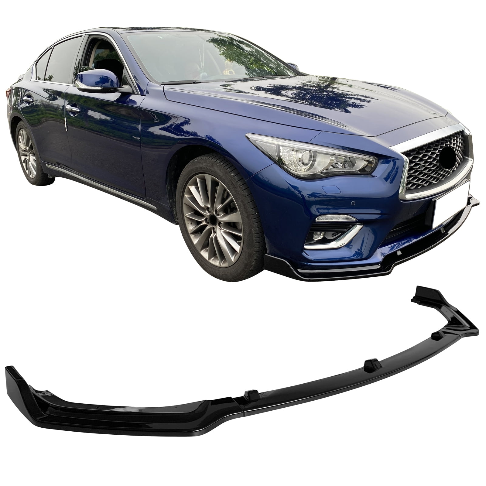 Ikon Motorsports Front Bumper Lip Compatible With 2018-2024 Infiniti Q50 Base/Non-Sport Models Gloss Black PP Polypropylene 3PCS Add-On Front Lip Spoiler Splitter