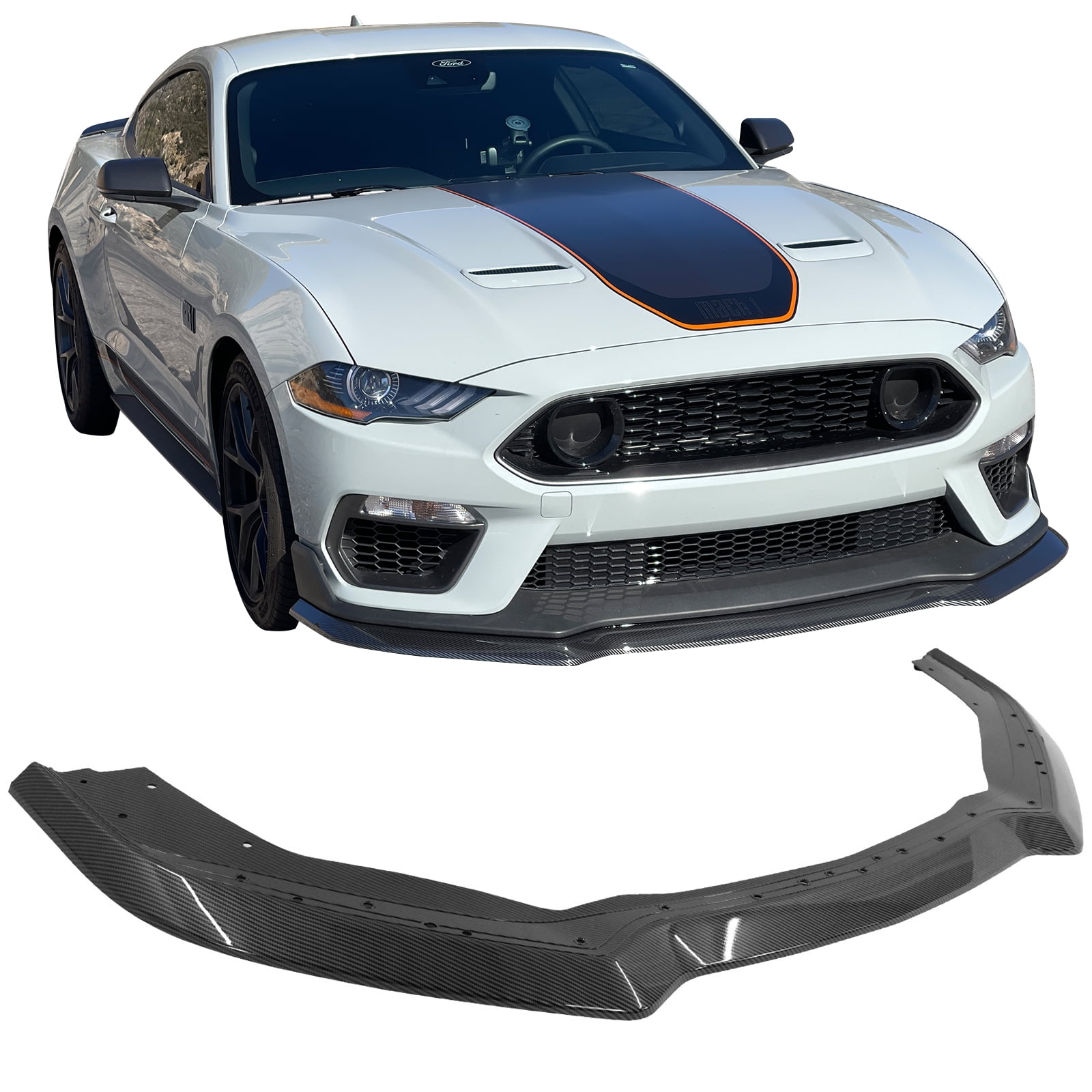 Ikon Motorsports Front Bumper Lip Compatible With 2021-2023 Ford Mustang Mach 1, Carbon Fiber Print PP Polypropylene Handling Package Style Front Lower Chin Lip Splitter Protector