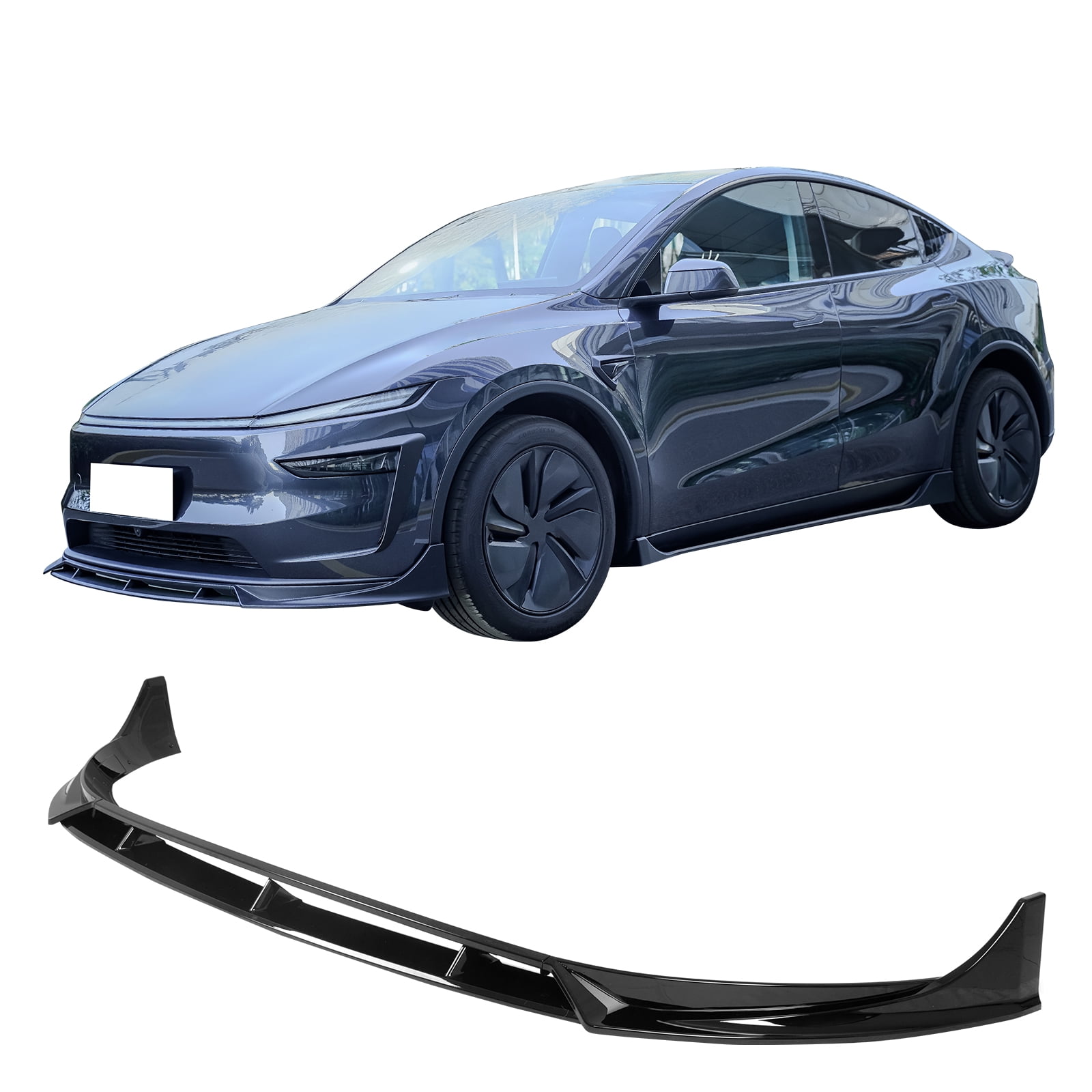 Ikon Motorsports Front Bumper Lip, Compatible with 2025-2026 Tesla Model Y Juniper, IKON Style Gloss Black ABS Plastic Air Dam Chin Spoiler Protector Splitter 4PC