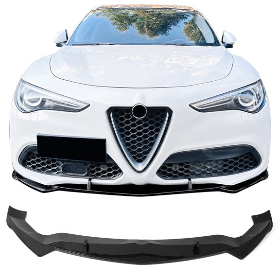 Ikon MotorsportsFront Bumper Lip Fits2017-2026 Alfa Romeo Stelvio, Gloss Black ABS IKON StyleAir Dam Chin Spoiler Protector 3PCS