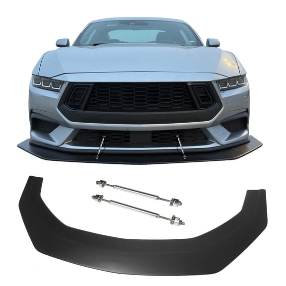 Ikon MotorsportsĀ Front Bumper Splitter w/ Stainless Steel Strut Rods forĀ 2024-2026 Ford Mustang Ecoboost& GT, IKON Style Matte Black ABS