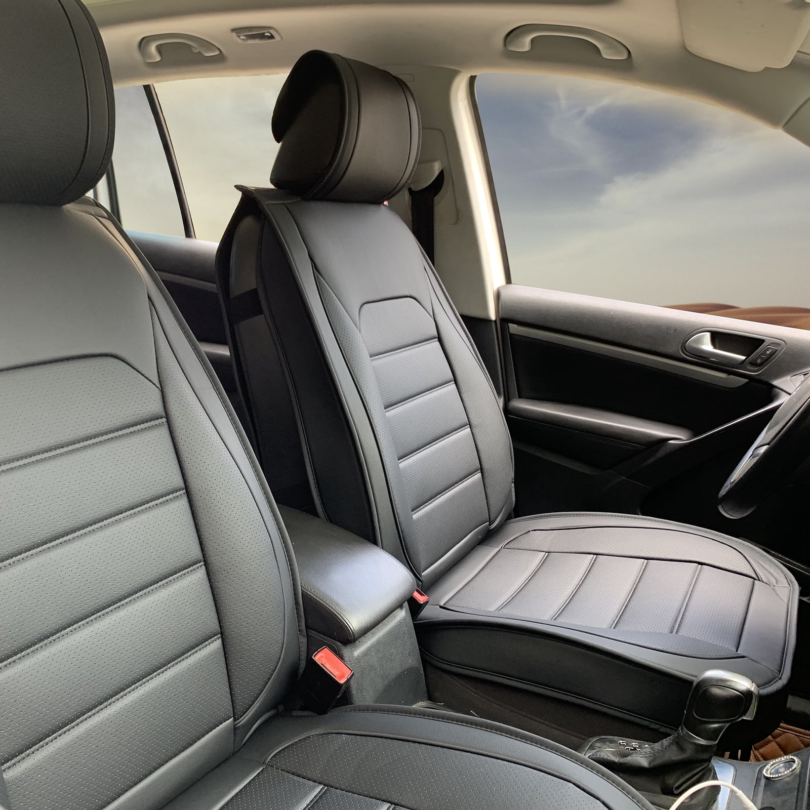 Ikon Motorsports Front Car Seat Covers Compatible with Universal 01 Style Black PU Leather Auto Seat Cover Cushion Protectors Pair