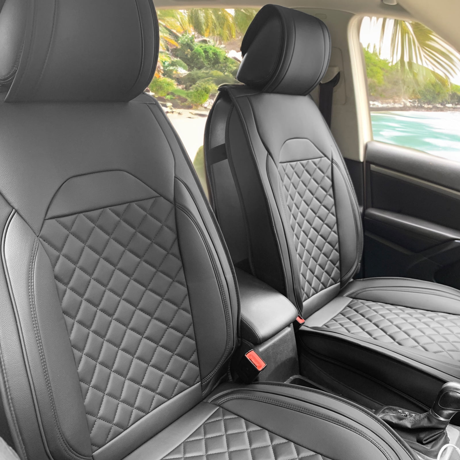 Ikon Motorsports Front Car Seat Covers Universal Fit 03 Style Black PU Leather First Row Chevy BMW Audi Acura Auto Seat Cover Cushion Protectors Pair