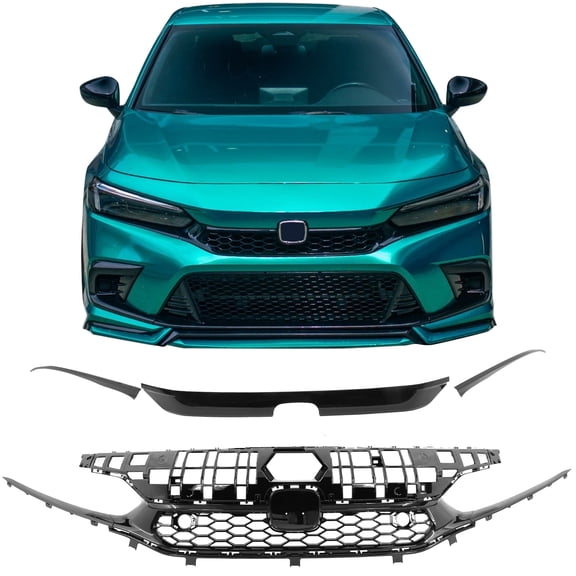 Ikon Motorsports Front Honeycomb Grille Kit Fits 2022-2024 Honda Civic Sedan, OE Style Gloss Black ABS Add on Bonnet Headlight Molding Trim 6PCS