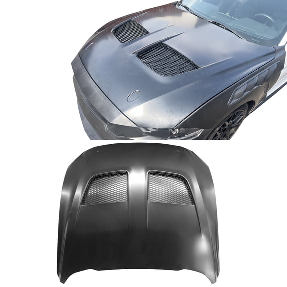 Ikon MotorsportsFront Hood Compatible with 2018-2023 Ford Mustang Ecoboost/GT/Mach 1/GT350/GT500, GTD Style Aluminum Black Engine Bonnet Cover Panel