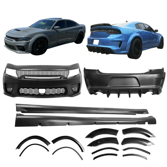 Ikon Motorsports Front & Rear Bumper Cover, Compatible with 2015-2023 Dodge Charger, Widebody Style Unpainted Black PP Replacement Bumper Conversion with Fender Flares, Side Skirts and Diffuser Lip