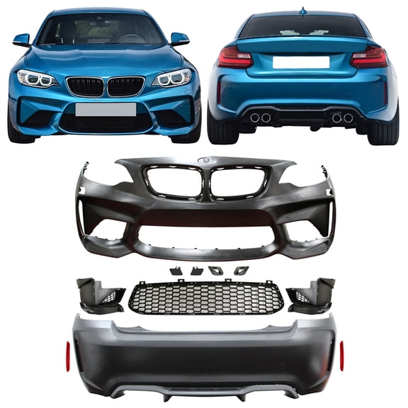 Ikon Motorsports Front Rear Bumper Cover Conversion Replacement For 2014-2021 BMW F22 F23 2 Series 220i 228i 230i, M2 Style Unpainted PP Polypropylene