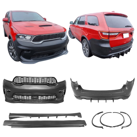 Ikon Motorsports Front Rear Bumper Cover Side Skirts V1 Diffuser For 2021-2025 Dodge Durango, Hellcat Style 68092093AB 5113690AA 68260787AA 1XV06TZZAB