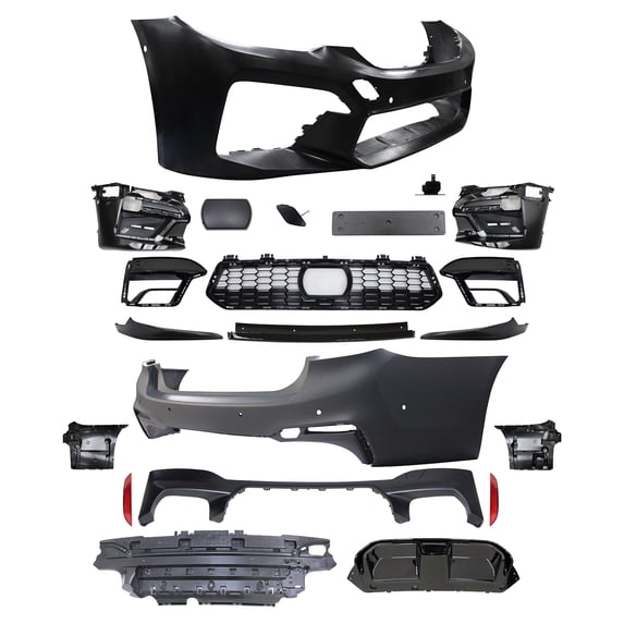 Ikon Motorsports Front + Rear Bumper Cover w/ Lip Compatible With 2017-2020 BMW G30 G31 5 Series, Unpainted CS Style Bumper Conversion With Sensor Holes Park Asst ACC Cover + 3PCS Front Lip Spoiler