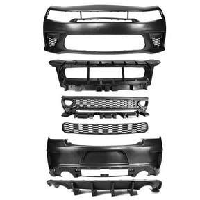 Ikon Motorsports Front Rear Bumper Kits Compatible with 15-23 Dodge Charger Widebody Front Bumper SRT Style Grille Fog Light Covers + Rear Bumper Cover & Diffuser