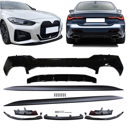 Ikon Motorsports Front & Rear Lip + Side Skirts Compatible With 2021-2023 BMW G22 G23 4-Series 430i M440i Black M-Performance Front Bumper Lip Splitters Side Skirts M440 Rear Bumper Diffuser Lip