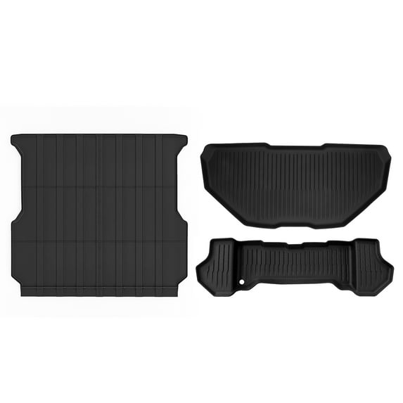 Ikon Motorsports Front Storage + Rear Truck Bed Mat Compatible With 2022-2024 Rivian R1T, TPE Trunk Cargo Guard 3D Molded Black Liner Upper Lower Cover All Weather Tray Protection 3PC