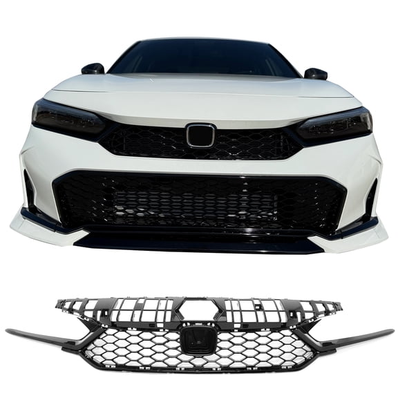 Ikon Motorsports Front Upper Grille Fits 2025-2026 Honda Civic Sedan & Hatchback Type R TR Style Gloss Black ABS Replacement Front Bumper Hood Grille