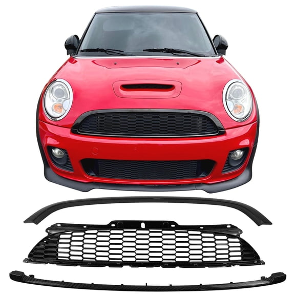 Ikon Motorsports Front Upper Grille w/ Frame Fits 2008-2015 Mini Cooper S & JCW R55 R56 R57 R58 R59,JCW Style Carbon Fiber Print ABS