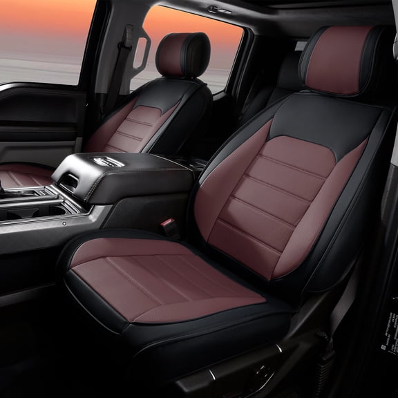 Ikon Motorsports Full Set Car Seat Covers Compatible with 2009-2023 Ford F150 Crew Cab Full Black&Brown PU Leather 5 Seats Seat Cover Protectors With Pocket