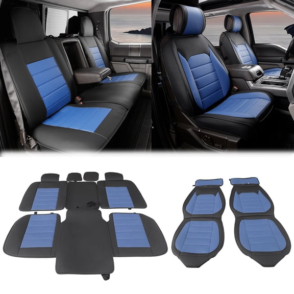 Ikon Motorsports Full Set Car Seat Covers Compatible with 2009-2026 Ford F150 Crew Cab Black&Blue PU Leather 5 Seats Seat Cover Protectors With Pocket